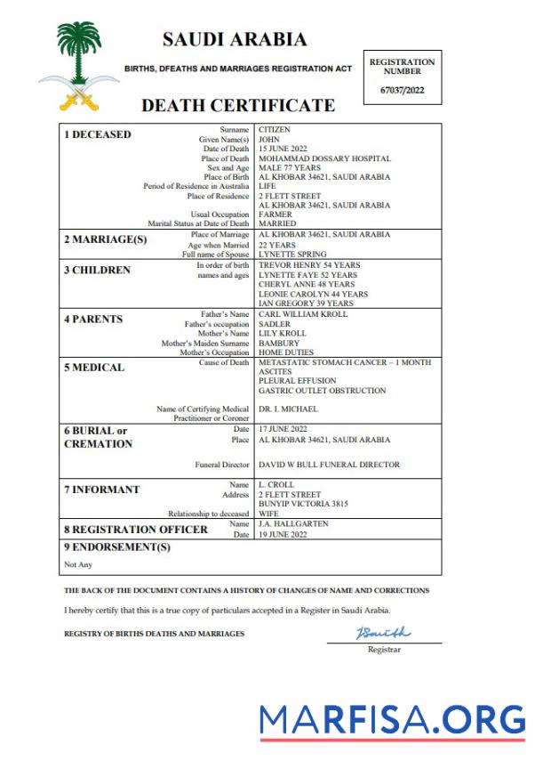 Downloadable Saudi Arabia death certificate Word and PDF template